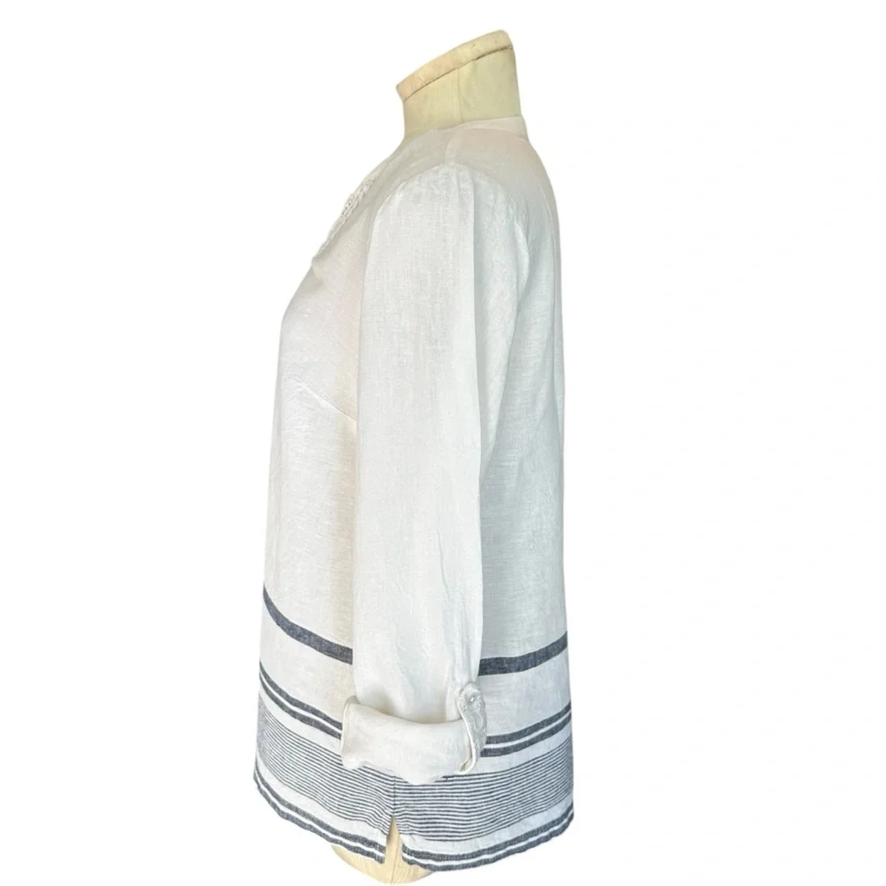 Kim Rogers Women’s Roll Tab Linen Blend Adjustable Sleeve V-Neck Beachy Top PM - Picture 2 of 8